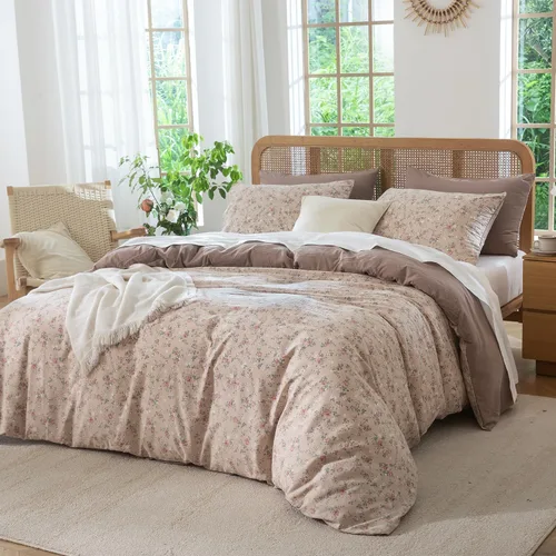 Vista 368 de Juego de edredón tamaño Queen, ropa de cama jacquard de microfibra lavada de lujo suave a rayas beige, 3 piezas, color blanco, beige