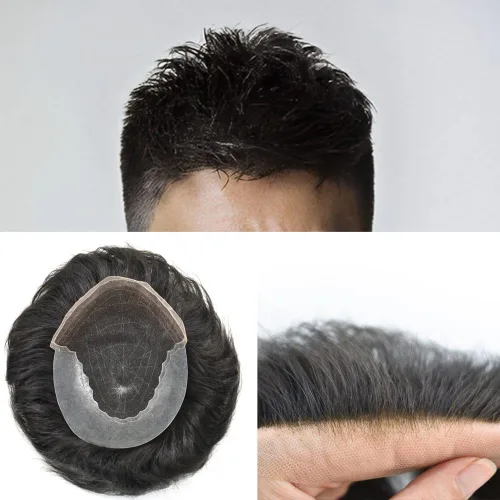 Vista 490 de Toupee - Sistemas de reemplazo de cabello para hombre, encaje frontal suizo, nudo blanqueado, pieza de cabello humano natural