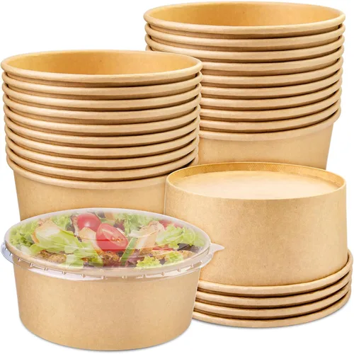 Vista 15 de Paquete de 25 envases de papel de 25 onzas, contenedores de alimentos desechables con tapas, cuencos desechables, cuencos de ensalada desechables