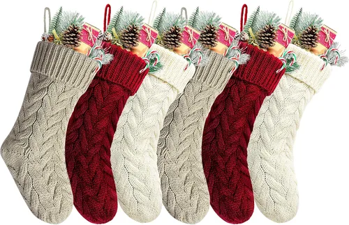 Vista 16 de Paquete de 6, Medias de Navidad de Punto Borgoña Únicas de 18", Estilo 3
