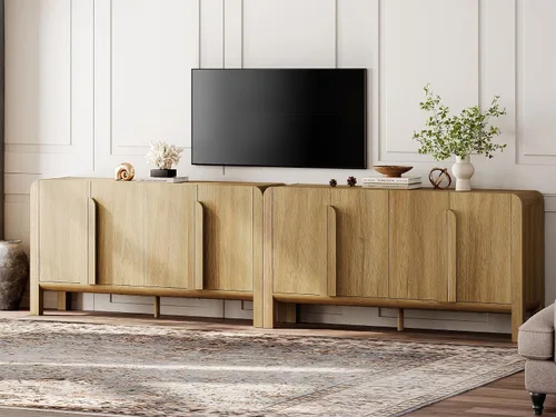 WAMPAT Moderno soporte de TV para televisores de hasta 120 pulgadas, centro de entretenimiento de granja de 126 pulgadas de ancho con estante Nogal