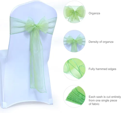 Vista 6 de Bandas de organza para decorar sillas en bodas y eventos, 100 unidades, organza, Manzana Verde (Apple Green), 10