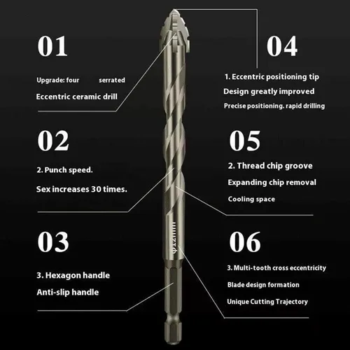 Vista 4 de Cozy Hoome - Juego de brocas excéntricas dentadas de cuatro flautas, cabeza sesgada de alta dureza, 4+5+6+8+10+0.472 in