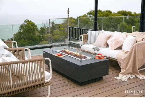 Vista 4 de AMS Chimenea Elementi Mesa grande para fogata de gas para patio exterior Cubierta y rocas de lava incluidas Linterna de mesa de bioetanol gratis