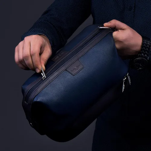 Vista 7 de Vetell Leo Large Leather Men's Travel Toiletry and Shaving Case Bag with Upper and Lower Zippered Compartments, 3 Interior Loops and Carrying Handles