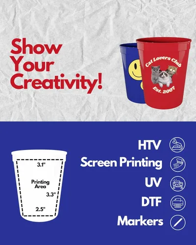Vista 3 de PartyPrints Paquete de 100 vasos de plástico en blanco reutilizables de 16 onzas, vasos de estadio a granel, sin BPA, aptos para lavavajillas, vasos