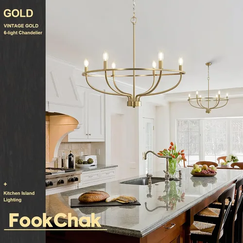 Vista 5 de Candelabro dorado de 6 luces, luminaria dorada cepillada para mesa de comedor, candelabro de latón estilo vela para dormitorio, pasillo, entrada