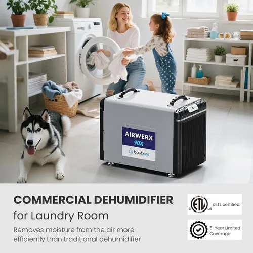 Vista 4 de BaseAire - Deshumidificador de 198 pintas con bomba para espacio de rastreo, sótano, deshumidificador comercial portátil AirWerx90X para todo