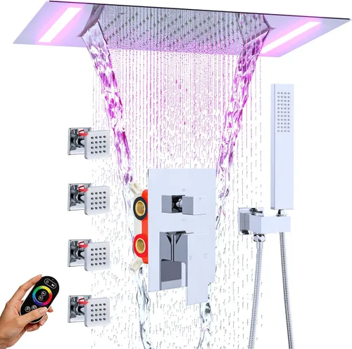 Vista 10 de ENGA Sistema de ducha dorado brillante con chorros corporales, 2 en 1 funciones de montaje en techo, cabezal de ducha LED de 14 x 20 pulgadas con 4
