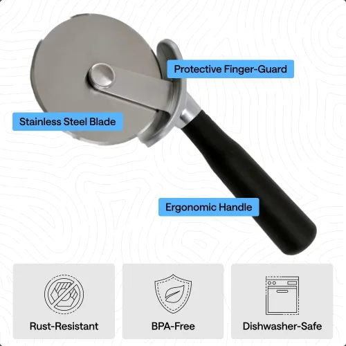 Vista 5 de Cortador de Pizza GORILLA GRIP, rueda grande sin BPA, 9 pulgadas, hoja de acero inoxidable afilada, mango resistente al deslizamiento con protección