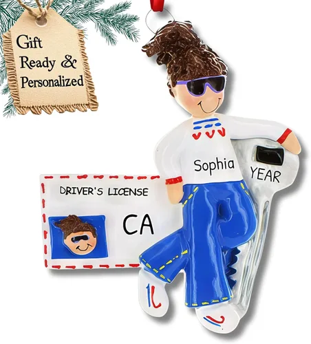 Adorno personalizado para árbol de Navidad de niña con licencia de conducir 2024 - Personalización gratuita Licencia de conducir morena