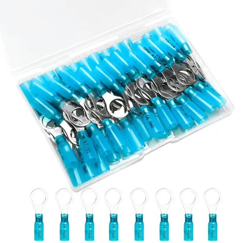 Vista 15 de 50 piezas de conectores de cable termorretráctiles, terminales de anillo impermeables 16-14 AWG, terminales de cable 16-14 AWG de 1/4 pulg. (M6)