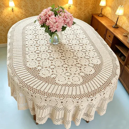 Vista 6 de USTIDE Mantel ovalado vintage de ganchillo de algodón beige para mesa de mesa ovalada rústica para bodas/fiestas, 59 x 82.6 pulgadas
