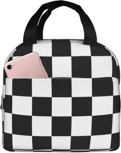 Fiokroo Lonchera aislada con estampado a cuadros blancos y negros y negros, bolsa de almuerzo reutilizable para escuela, trabajo, universidad,