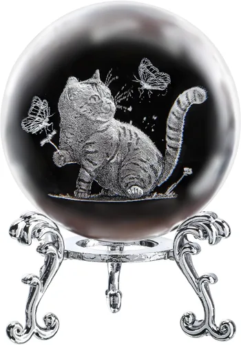 Vista 5 de Bola de cristal de gato 3D para el hogar, cristal grabado con láser, con mariposas, bola pisapapapeles con soporte