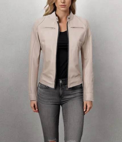 Vista 7 de Decrum Cafe Racer Chaqueta de piel de cordero real estilo motocicleta para Beige