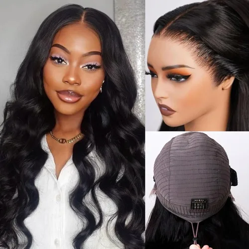 Vista 10 de Peluca de cabello humano ondulado con encaje frontal sin pegamento, peluca de cabello humano con cordón de densidad 180, sin pegamento, peluca Negro