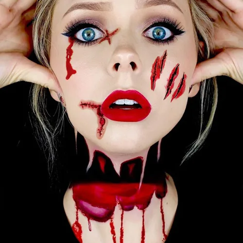 Vista 6 de 10 hojas de tatuajes de cicatrices de Halloween, de terror, realista, de hendidura y sangrienta, cicatriz de puntada de cicatriz falsa, impermeable
