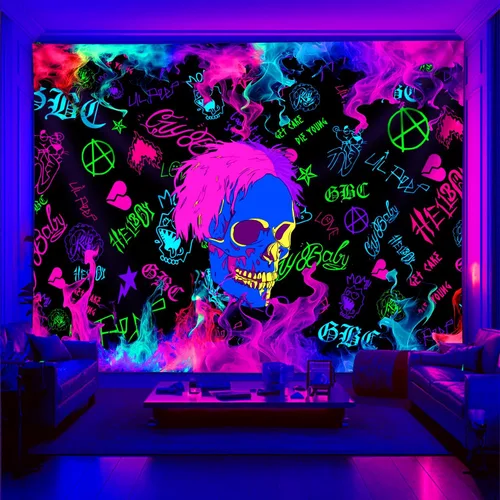 Vista 11 de PSYHILAR Tapiz de luz negra de Lil Peep para dormitorio, póster de luz negra de Hellboy, bandera UV de música de rapero (101.6 x 76.2 centímetros)