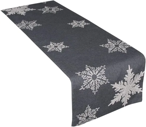 XD17141 - Camino de mesa de Navidad bordado con copos de nieve, 16 x 70 pulgadas, color gris