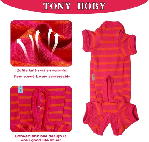 Vista 3 de TONY HOBY Pijamas para Perros Hembra/Macho, Mono para Perros de 4 Patas con Rayas, Algodón Suave para un Sueño Cómodo (Rosa Rojo y Naranja, Chico, M)