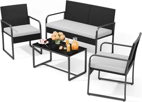 Vista 12 de Gizoon - Juego de muebles de mimbre para patio de 3 piezas; juego de bistrot al aire libre con mesa de vidrio; juego de ratán para conversar