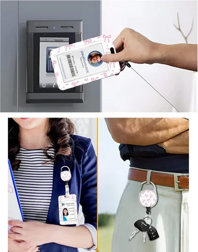 Vista 185 de Portatarjetas blanco con cordón para tarjetas de identificación, carrete retráctil negro con clip de mosquetón, tarjetero de identificación