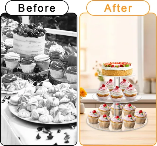 Vista 8 de Soporte acrílico para cupcakes, soporte transparente de exhibición de postres con base para bodas, fiestas, baby shower, reuniones, 3 niveles