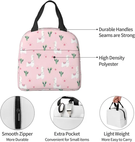 Vista 6 de Lonchera con diseño de llama y cactus rosa para mujeres y hombres, reutilizable, con aislamiento de llamas, contenedor con bolsillo frontal