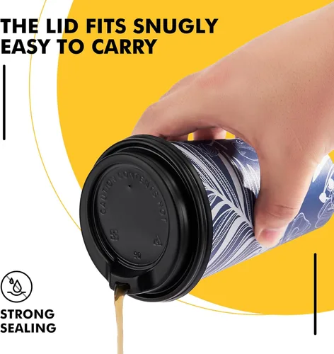 Vista 4 de RACETOP Tazas de café desechables de 16 onzas con tapas, paquete de 100 tazas de café de papel azul con tapas, taza para llevar con tapa