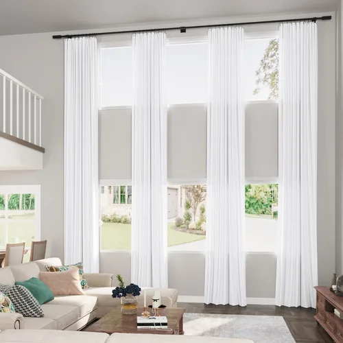 Vista 16 de Guken Cortinas extralargas de lino beige y blanco de 240 pulgadas para sala de estar alta, dormitorio, bolsillo para cortinero, cortinas de lino