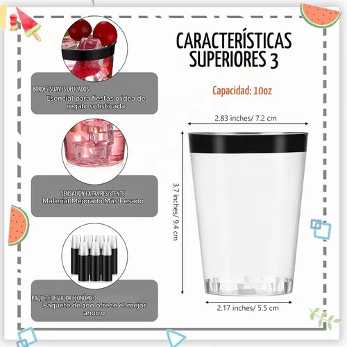 Vista 2 de Gerrii 100 Piezas Vasos de Plástico de 10oz Desechables con Borde Elegante y Sofisticado, Vasos Transparentes Elegantes para Beber para Boda Negro