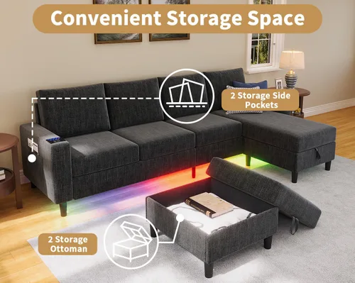 Vista 5 de Sofás seccionales inteligentes para sala de estar, sofá modular en forma de U L de 6 asientos con luz RGB carga, muebles modernos de sala de estar