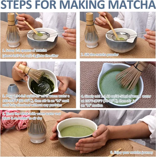 Vista 8 de Joyscale Juego de batidor de matcha, juego de batidor y cuenco, juego de 8 piezas de kit de matcha (diseño de textura martillada), 16 onzas, juego