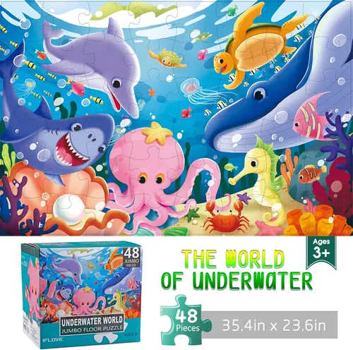 Vista 3 de Rompecabezas de suelo jumbo para niños, rompecabezas subacuáticos, de animales, de 48 piezas, de 3 a 6 años, para niños pequeños, aprendizaje