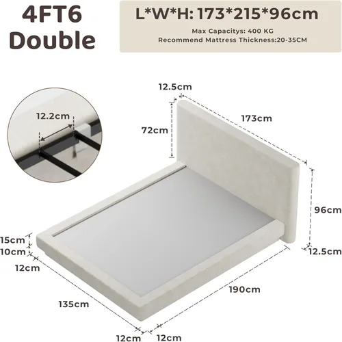 Vista 2 de RECCI AirFrame Cloud - Base de cama matrimonial con cabecera extra ancha, plataforma totalmente acolchada de espuma de 5 pulgadas, fácil montaje,