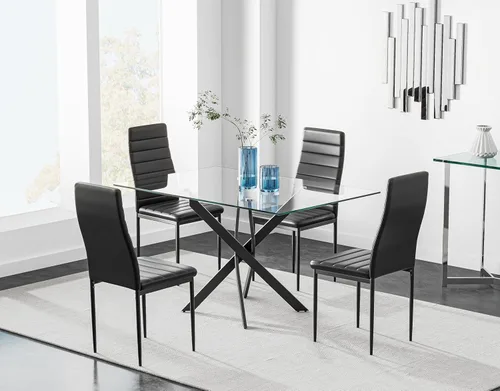 Vista 5 de Mesa de comedor de vidrio templado con patas de metal negro, mesa de cocina rectangular moderna de 47 pulgadas para comedor y cocina