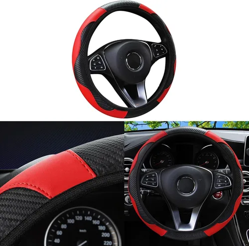 Vista 7 de Funda para Volante de Coche, 15 Pulgadas Fibra de Carbono Microfibra Antideslizante Transpirable Cuero PU Elástico Protector de Volante, Accesorios