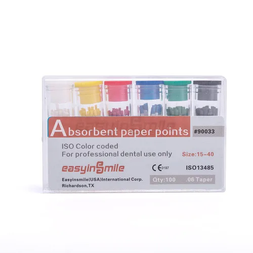Puntos de papel absorbente dentales codificados por colores .02/.04/.06 Tapper para endodoncia de conducto radicular (0.06 estrecho, mezcla #15-40)