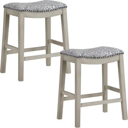 OSP Home Furnishings Metro Farmhouse - Taburete de sillín con ribete de clavos, paquete de 2, altura de mostrador de 24 pulgadas, marco blanqueado