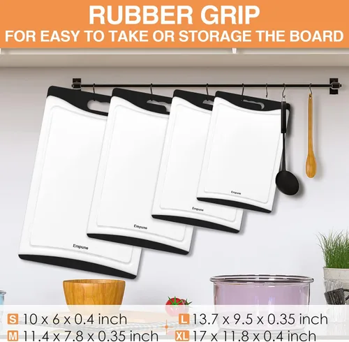Vista 3 de Tablas de cortar extra grandes, de plástico para cocina (juego de 4) Tabla de cortar para lavavajillas con ranuras para jugos, asas de fácil agarre