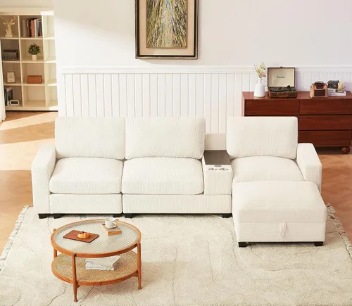 Mofolit Sofá modular de 122 pulgadas con consola y portavasos, sofá en forma de L con diván convertible, sofá de 4 asientos con otomana de Crema