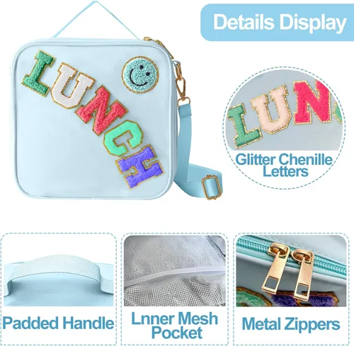 Vista 4 de Bolsa de almuerzo aislada con correa ajustable para el hombro, caja de almuerzo grande de nylon con diseño preppy, bolsa de almuerzo aislada