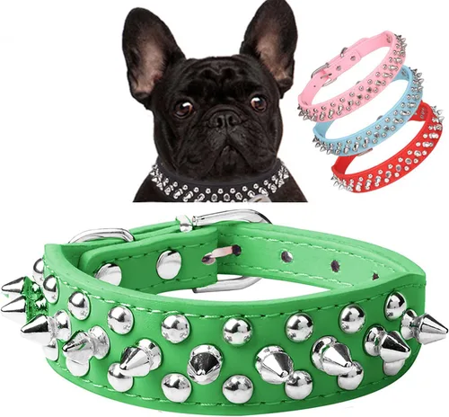 Vista 13 de Serijoars Collar para perro con pinchos, de piel sintética suave con remaches de hongos, collar ajustable para cachorros (XS, marrón)