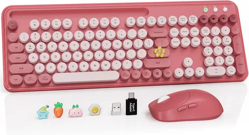 Vista 25 de Combo de teclado y mouse inalámbricos, teclado retro con teclas redondas, teclado estilo máquina de escribir de tamaño completo con reposamuñecas