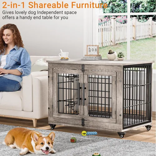 Vista 2 de Lulive Mueble de jaula para perros medianos, 32 pulgadas, para interiores con cojín y ruedas, jaula de madera para perros con puertas dobles, mesa