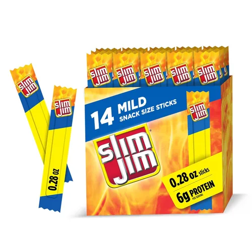 Slim Jim Palitos de carne ahumada, sabor suave, 6g de proteína por porción, tamaño de aperitivo, relleno de calcetines, 0.28 onzas (14 unidades)