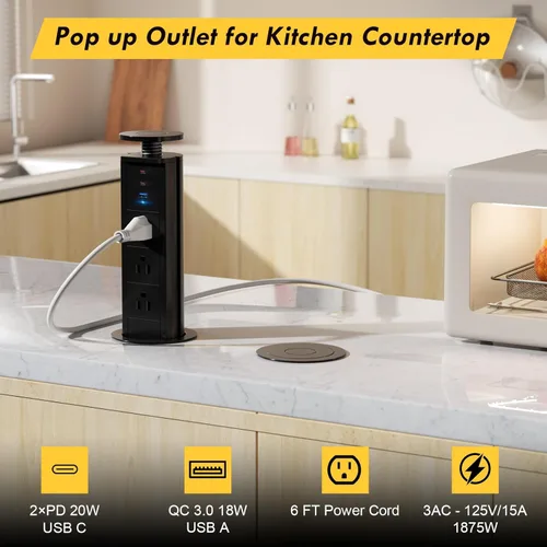 Vista 3 de Kungfuking Toma de corriente desplegable para encimera, enchufe con 3 salidas de CA y 2 PD 20 W USB-C y 1 puerto USB, oficina de conferencias