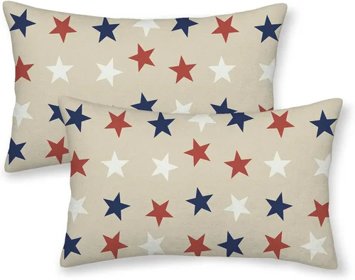 Vista 57 de Juego de 2 fundas de almohada de 16 x 16 pulgadas, diseño de estrellas azules del Día de la Independencia, almohadas decorativas para exteriores