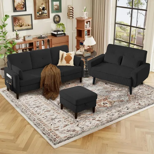 Vista 3 de Juego de sofá seccional de corduroy con otomano de almacenamiento y sofá cama, sofá en forma de L de 3 plazas con otomano de almacenamiento oculto